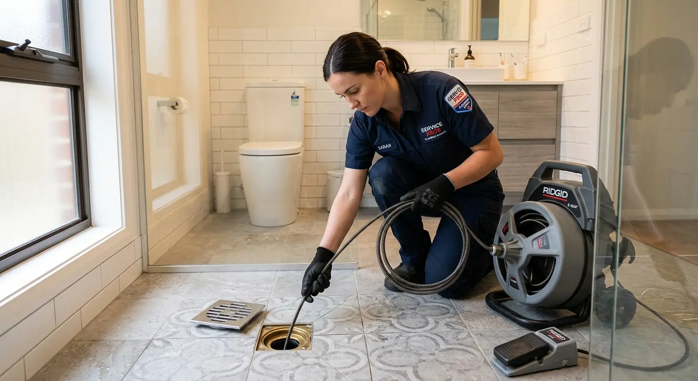 Technician clearing a bathroom floor drain for Sewer Line Installation in Lebanon